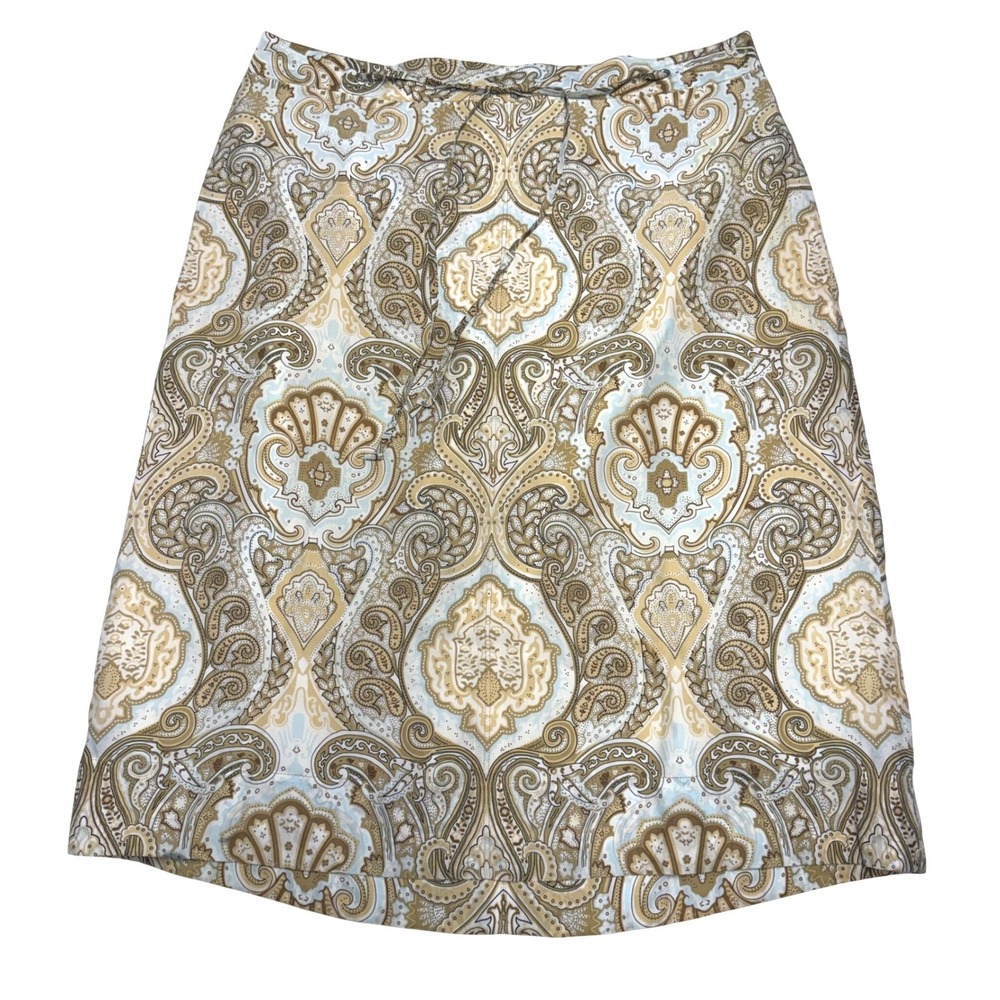 Vtg Banana Republic Womens‎ 100% Silk Paisley A-Line Skirt Tan Gold Blue Size 12